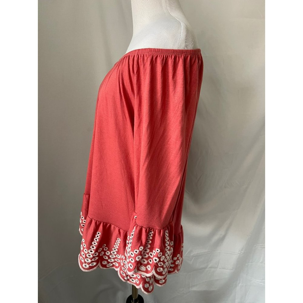 Fever Salmon Flare 3/4 Sleeve Eyelet Embroidered Wide neck Ruffle Bottom Blouse - Picture 8 of 10